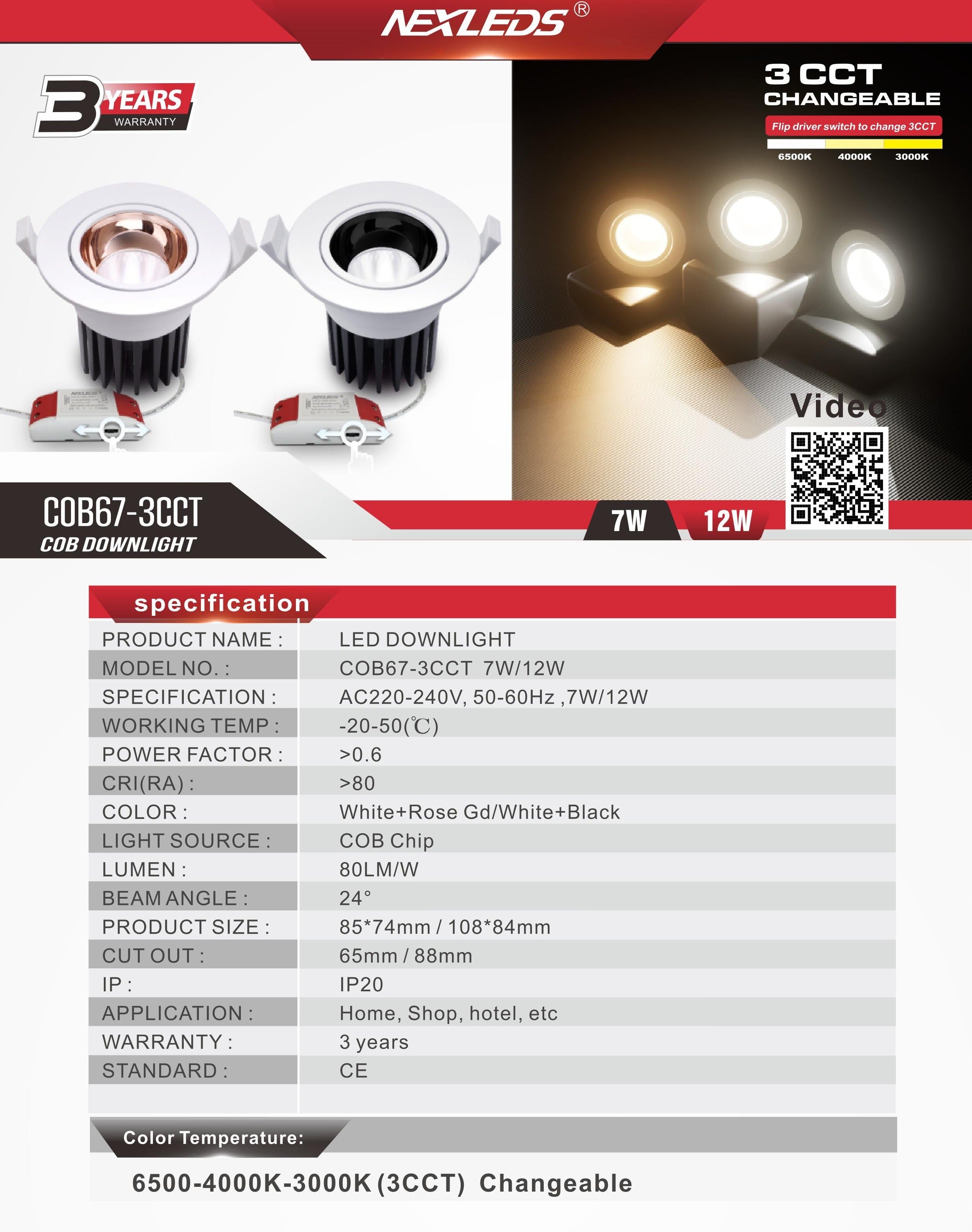 COB67-3CCT-7W & 12W LED COB DOWNLIGHT