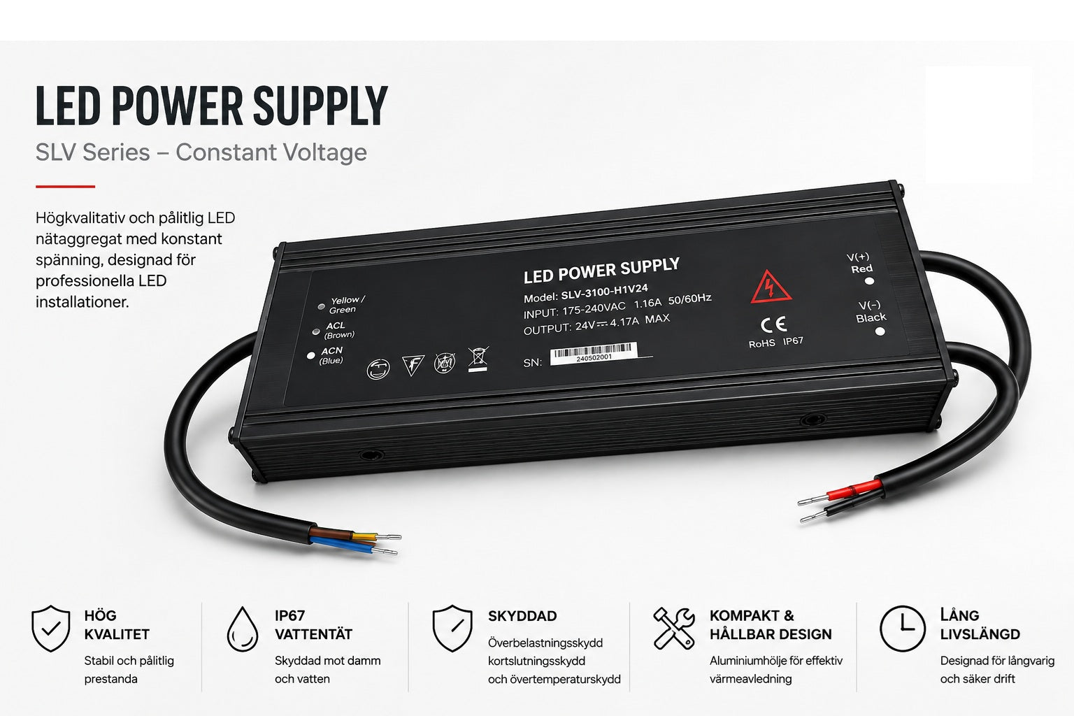 Vattentät LED-transformator 100W 24V IP67 för LED-belysning