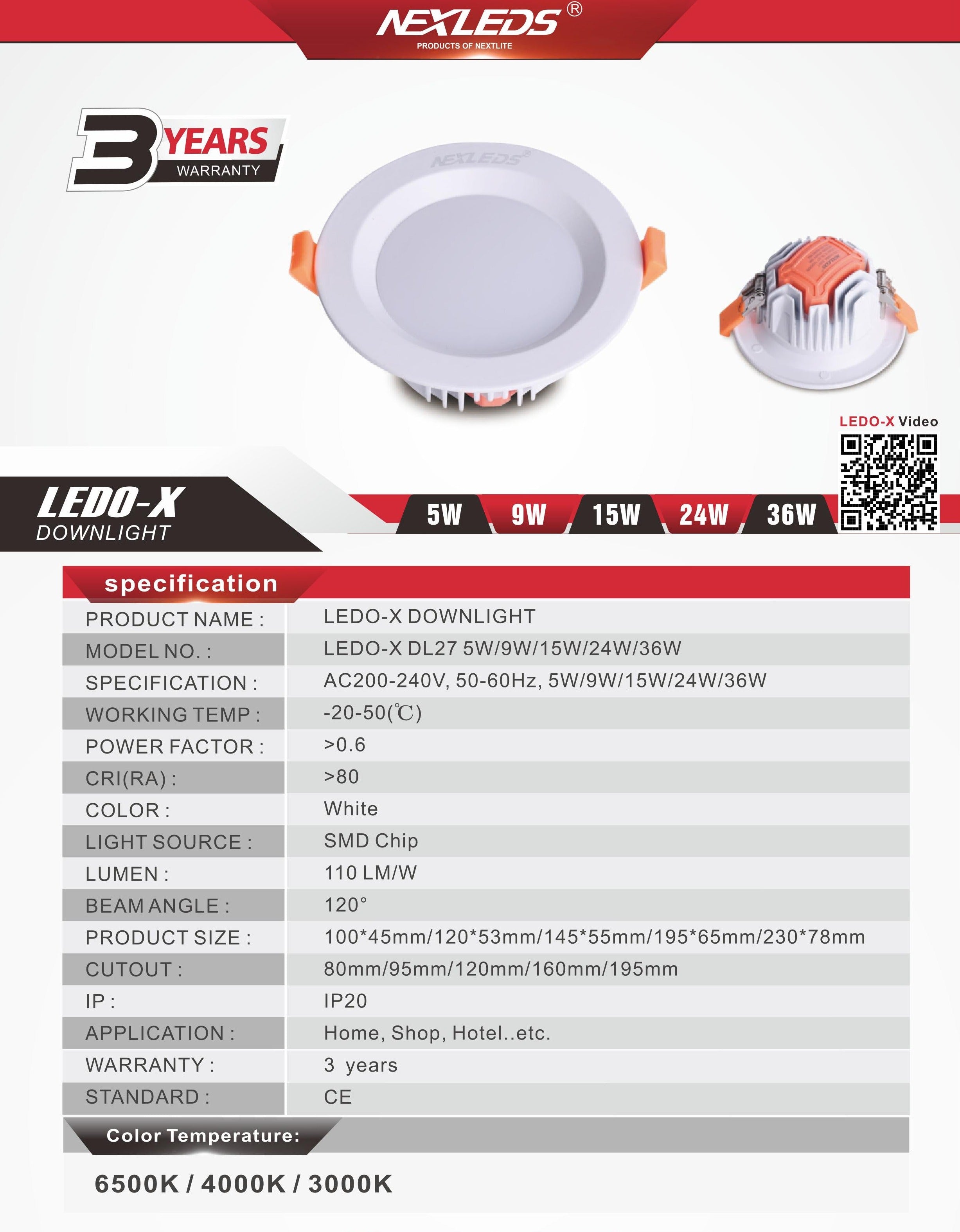 LEDO-X DL-27 5W//9W/15W/24W/36W Downlight