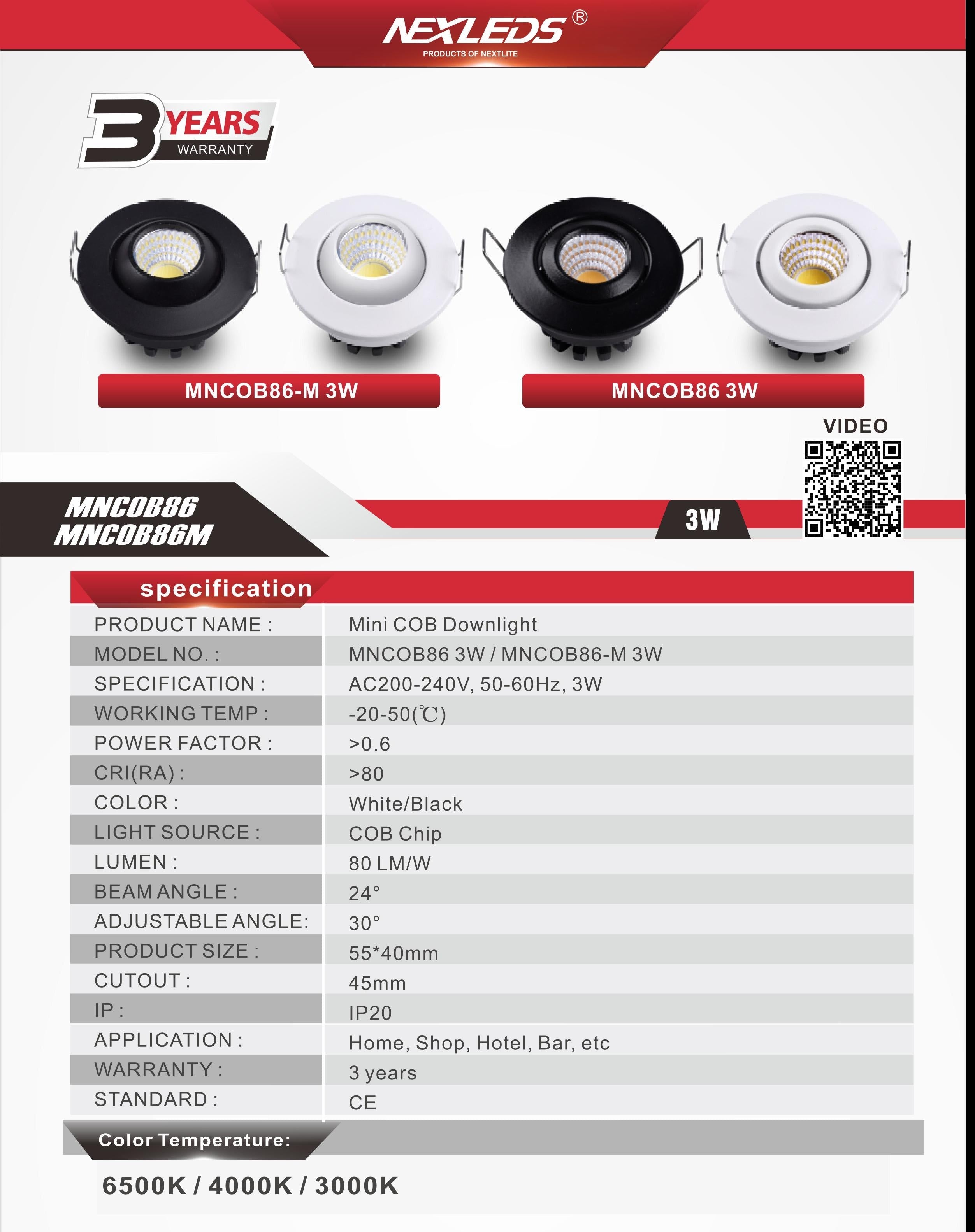 MNCOB86M & MNCON86 3W Mini COB Downlight