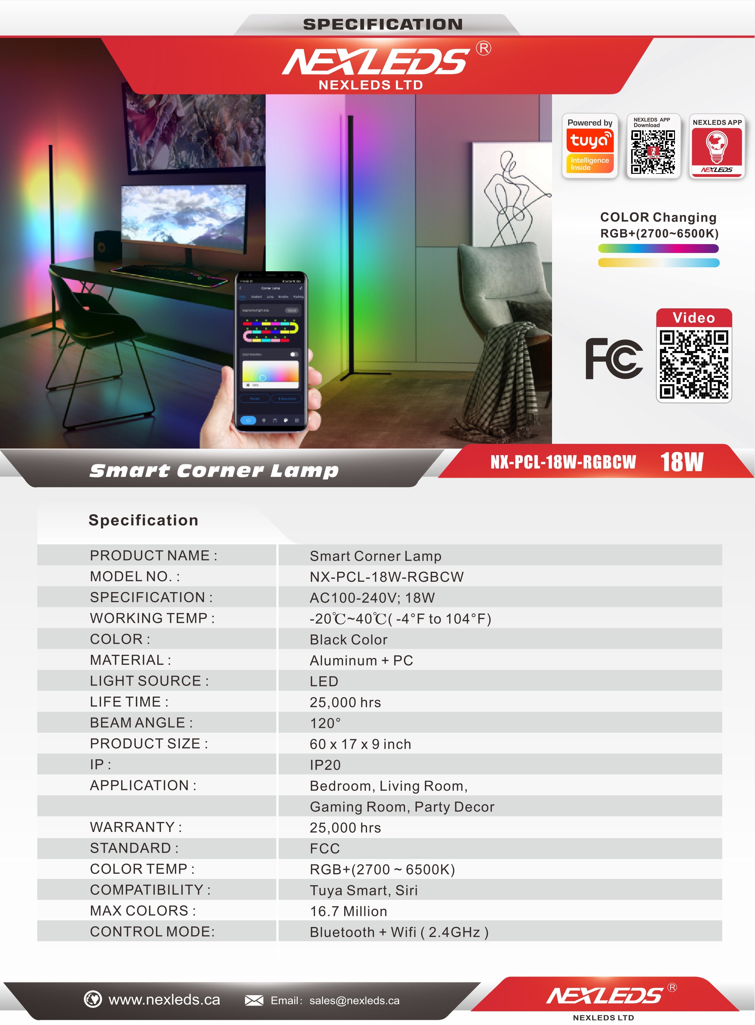 Smart Hörnlampa 18W RGBCW 380*380*1420mm