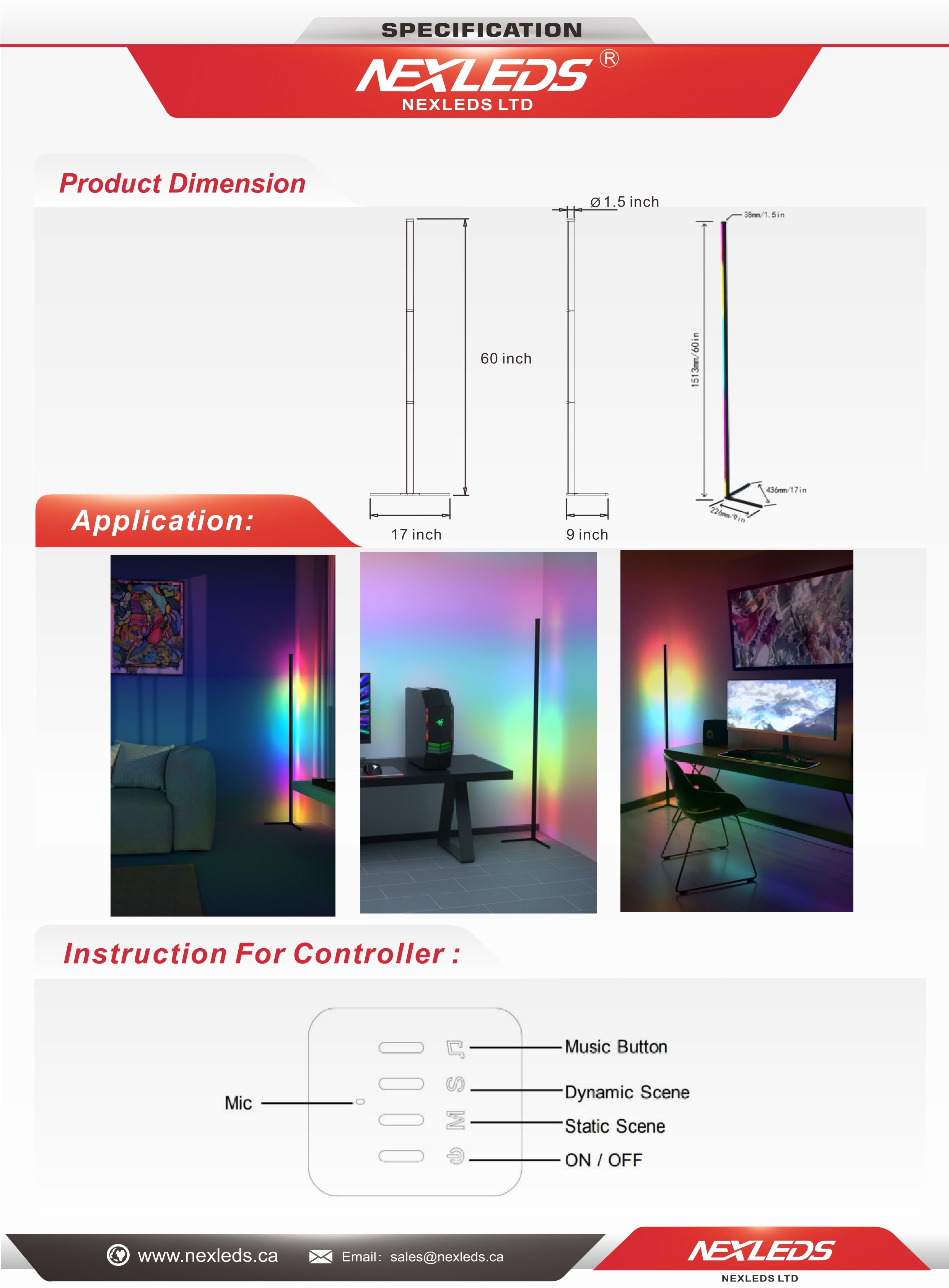 Smart Hörnlampa 18W RGBCW 380*380*1420mm