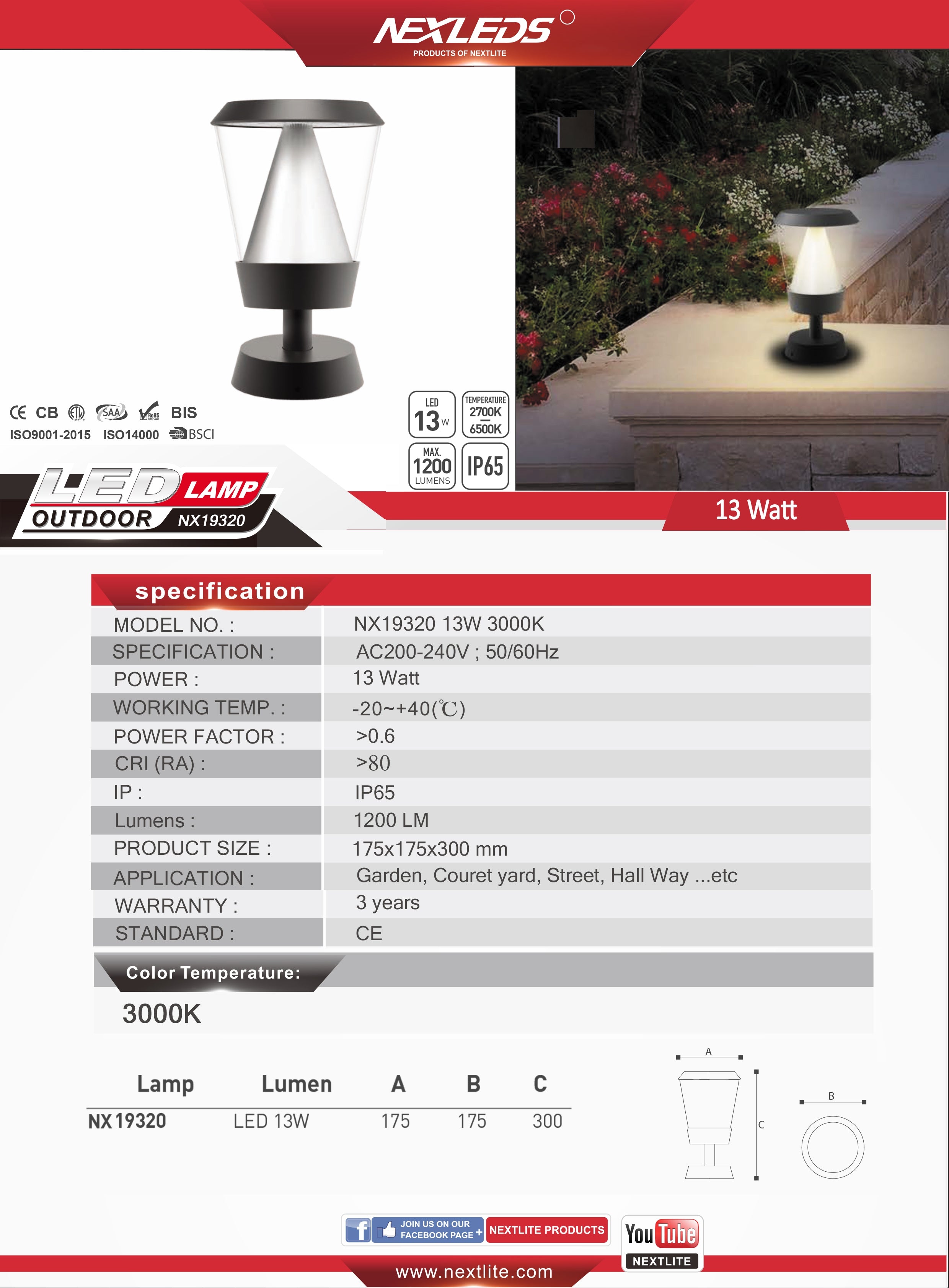 Stolpljusarmatur NX19320 13W 3000K