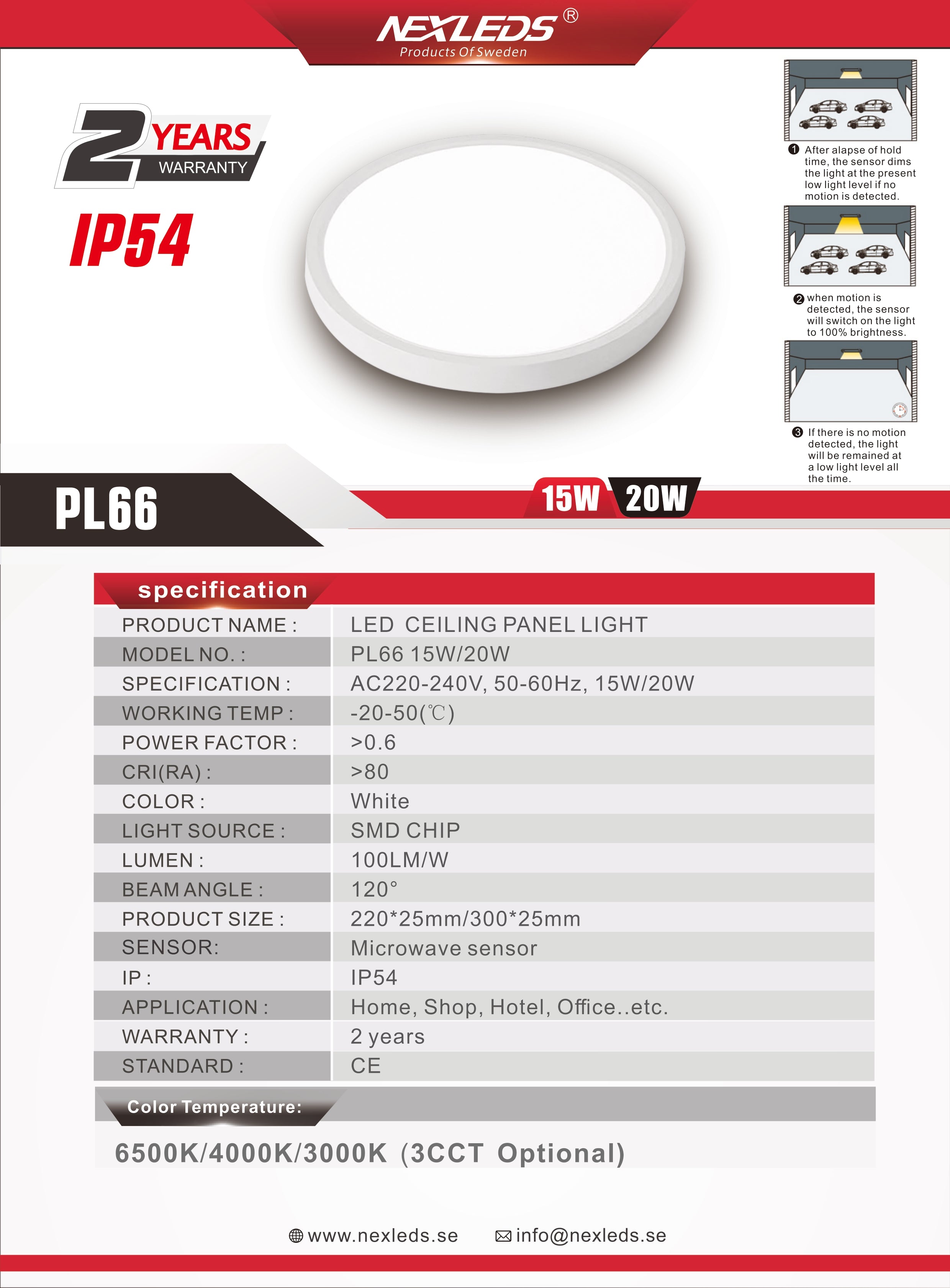 Plafond PL66 15W 4000K IP54 Komfort Sensor 10-100%