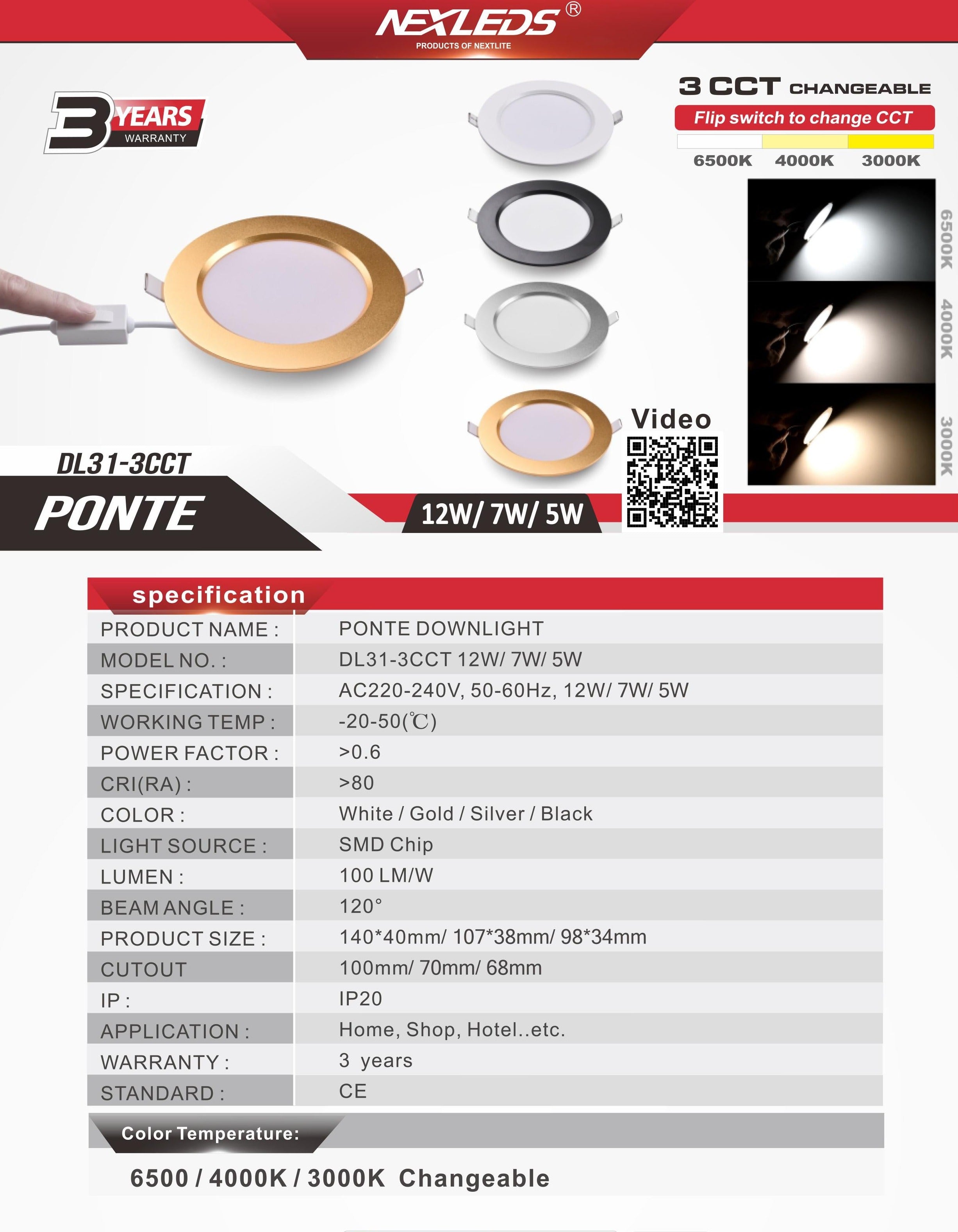 PONTE DL31-3CCT 12W/ 7W/ 5W DOWNLIGHT