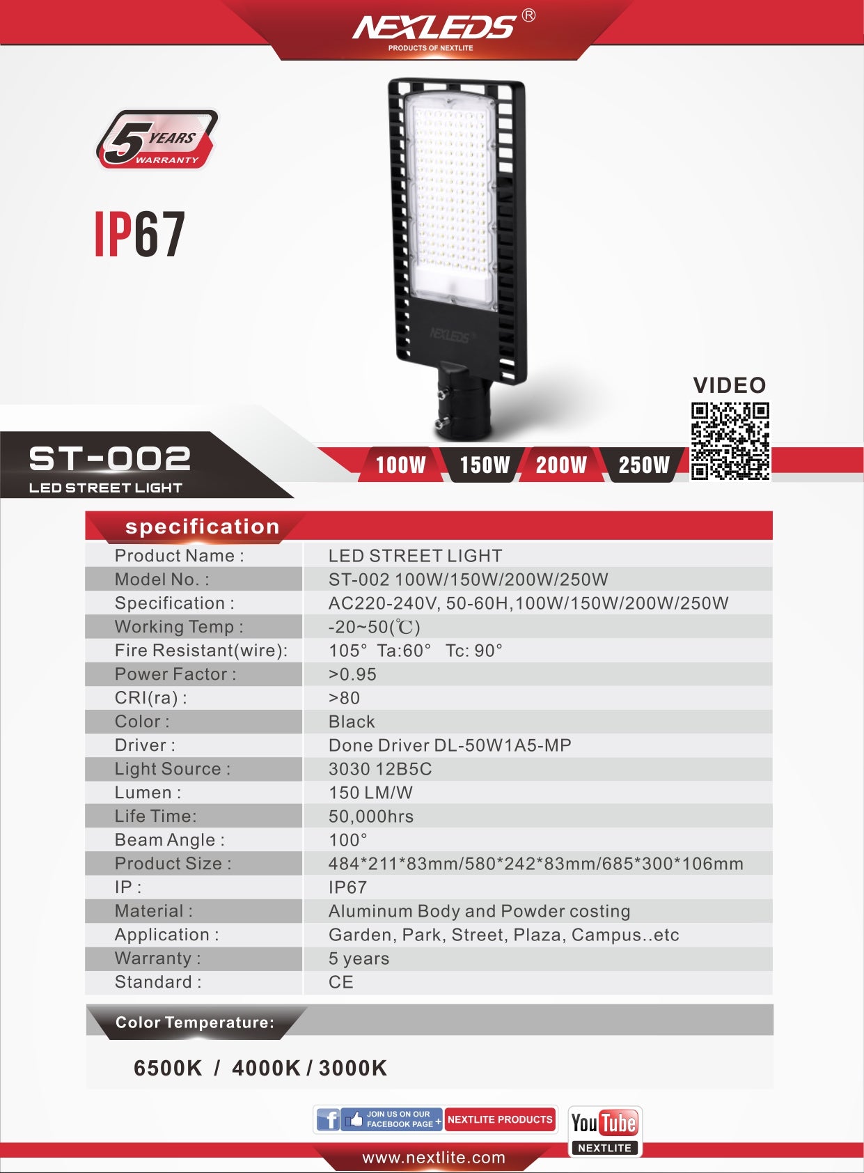Gatuarmatur Stolparmatur 100W 4000K IP67 15000Lm