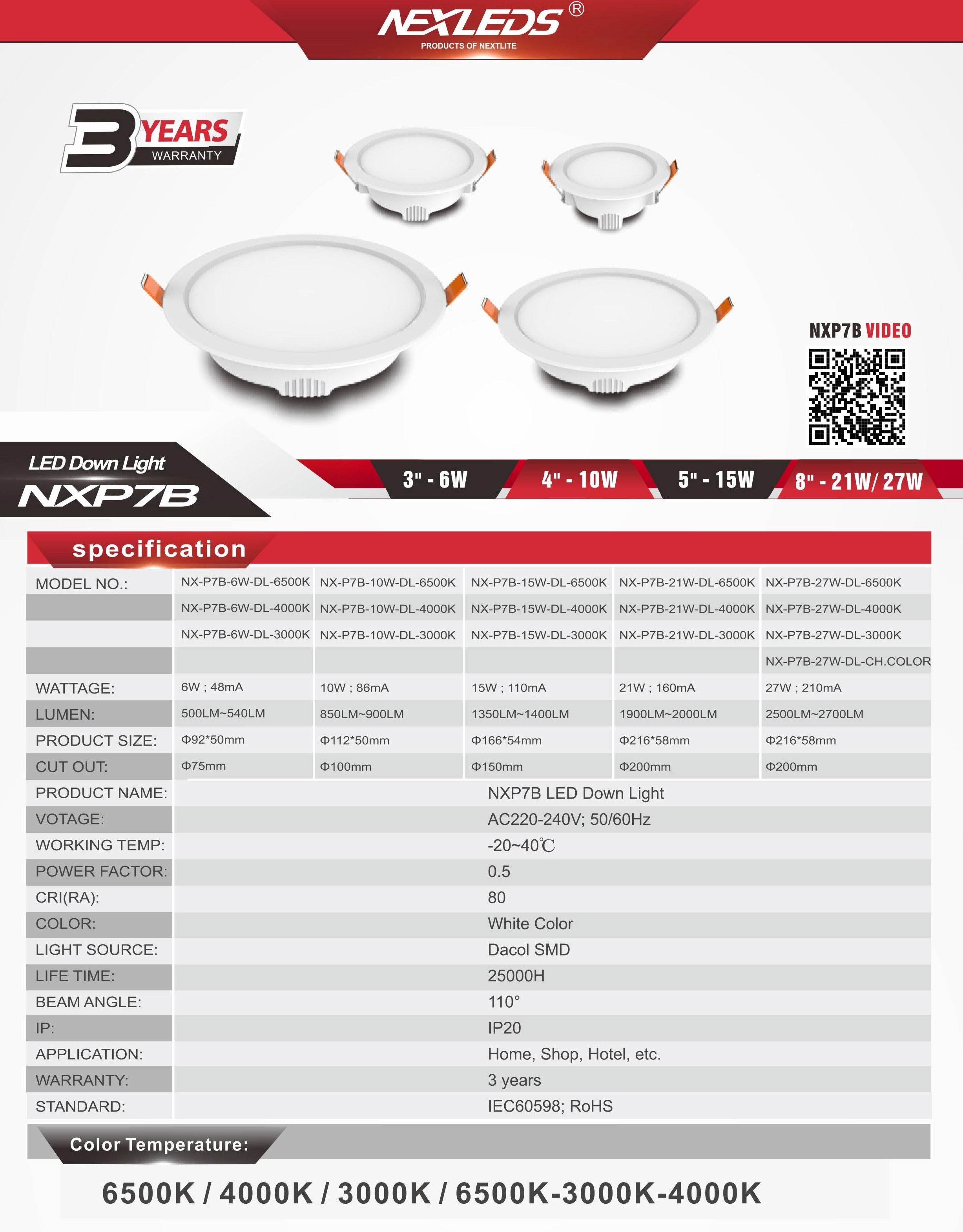 NX-P7B 6W/10W/15W/21W/27W LED Downlight