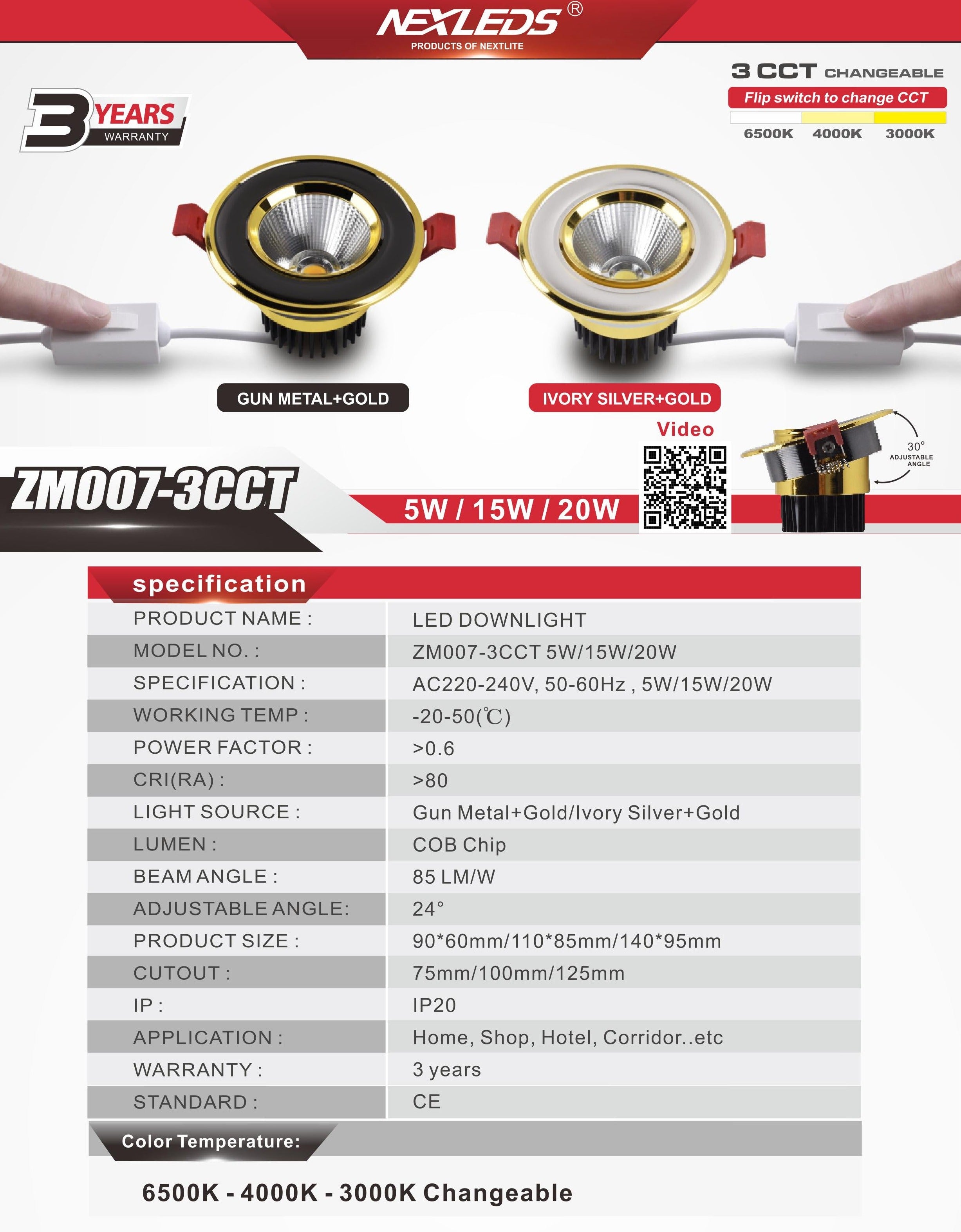 ZM007-3CCT 5W/15W/20W CHANGEABLE Downlight