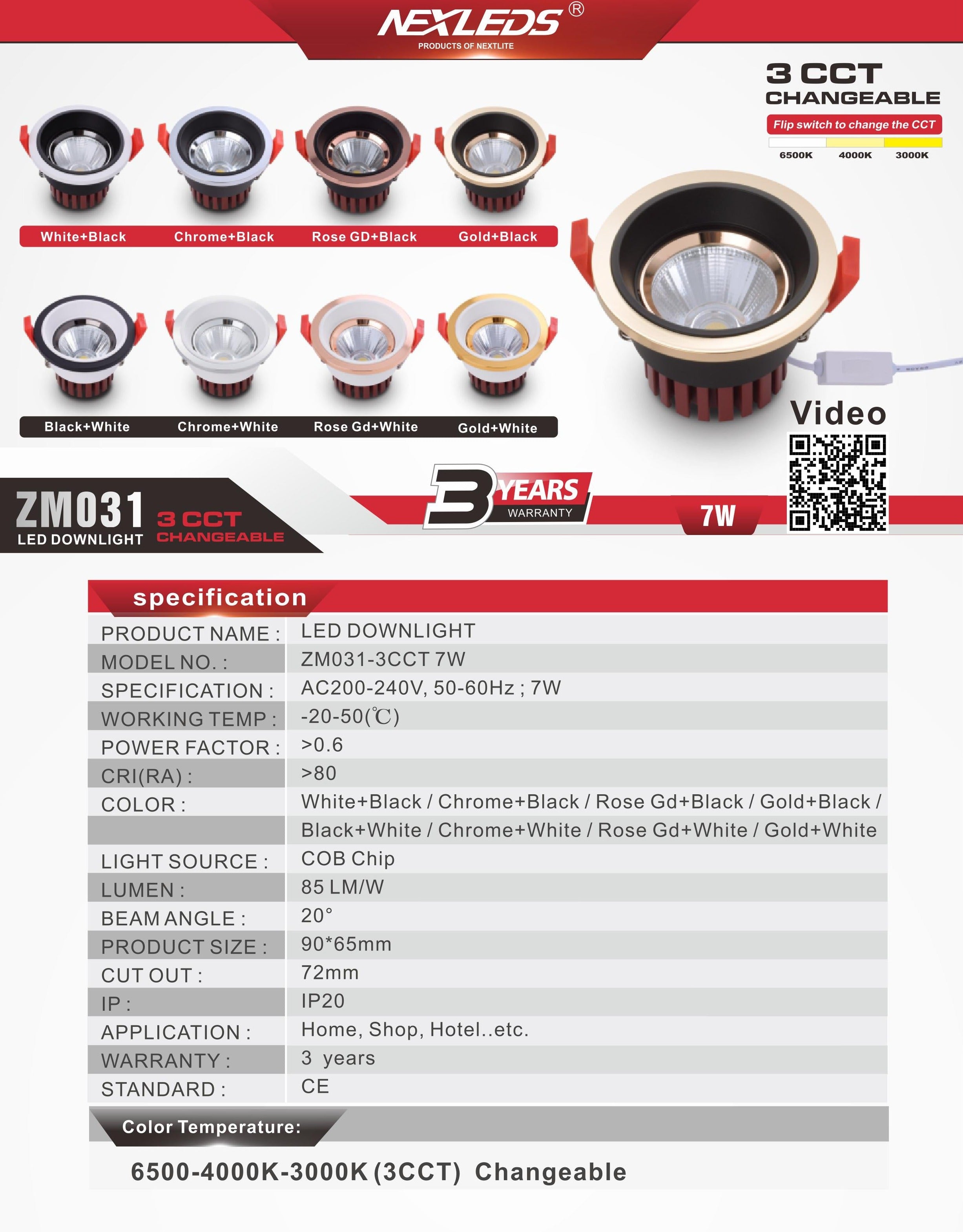 ZM031-3CCT 7W CHANGEABLE LED Downlight
