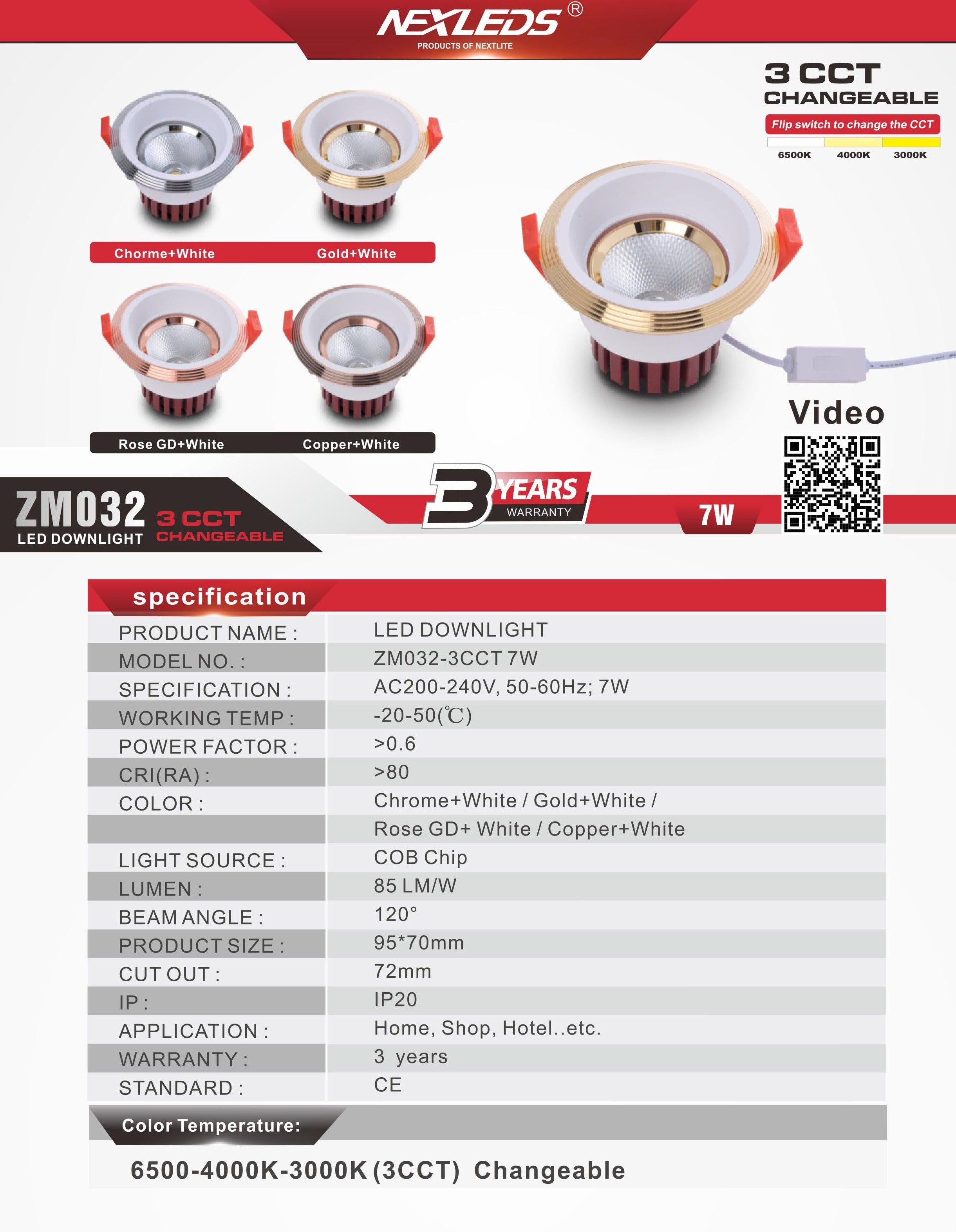 ZM032-3CCT 7W CHANGEABLE LED Downlight