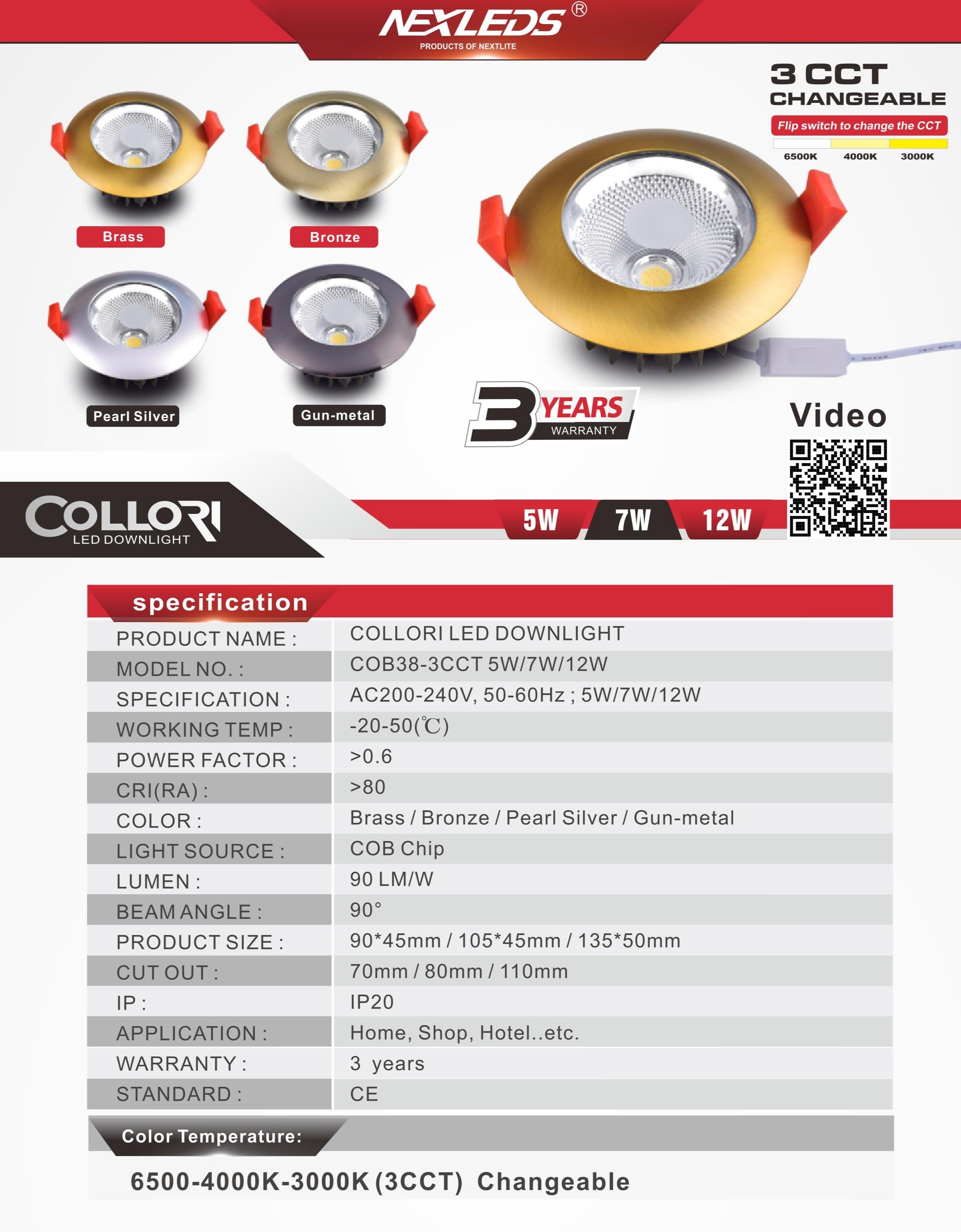 COLLORI COB38-3CCT 5W/7W/12W LED Downlight